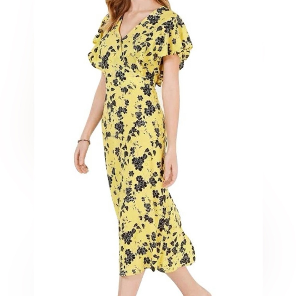 NWT Maison Jules Printed Flutter Sleeve Midi Dress Yellow Print